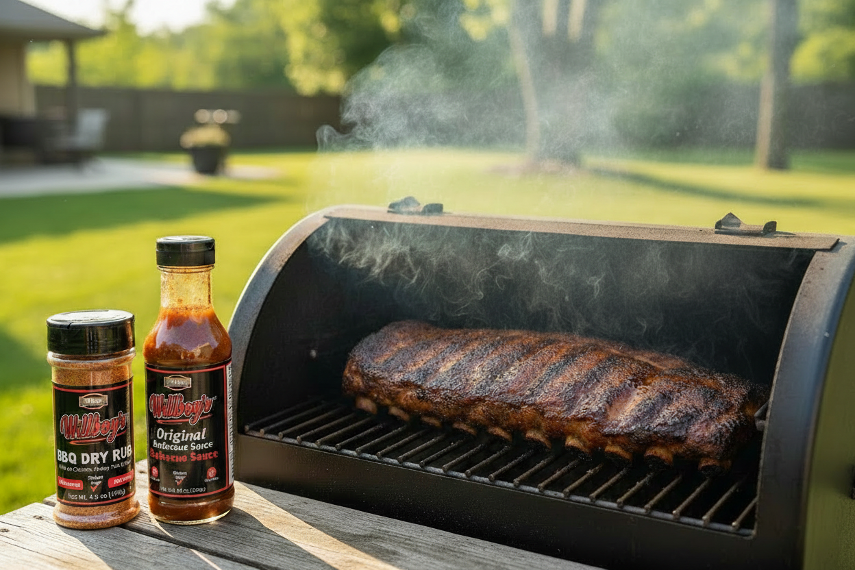 Ribs on Smoker with Willboy's Original Sauce and Dry Rub