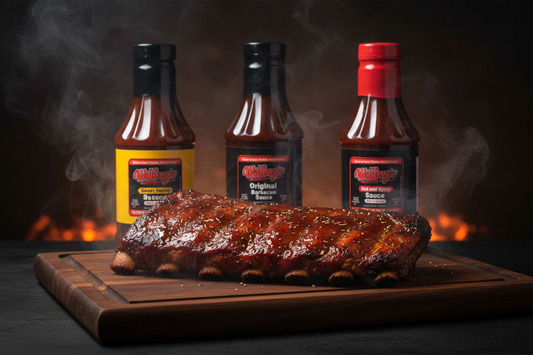 Willboy's BBQ ribs with Sweet Honey, Original, and Hot and Spicy barbecue sauces
