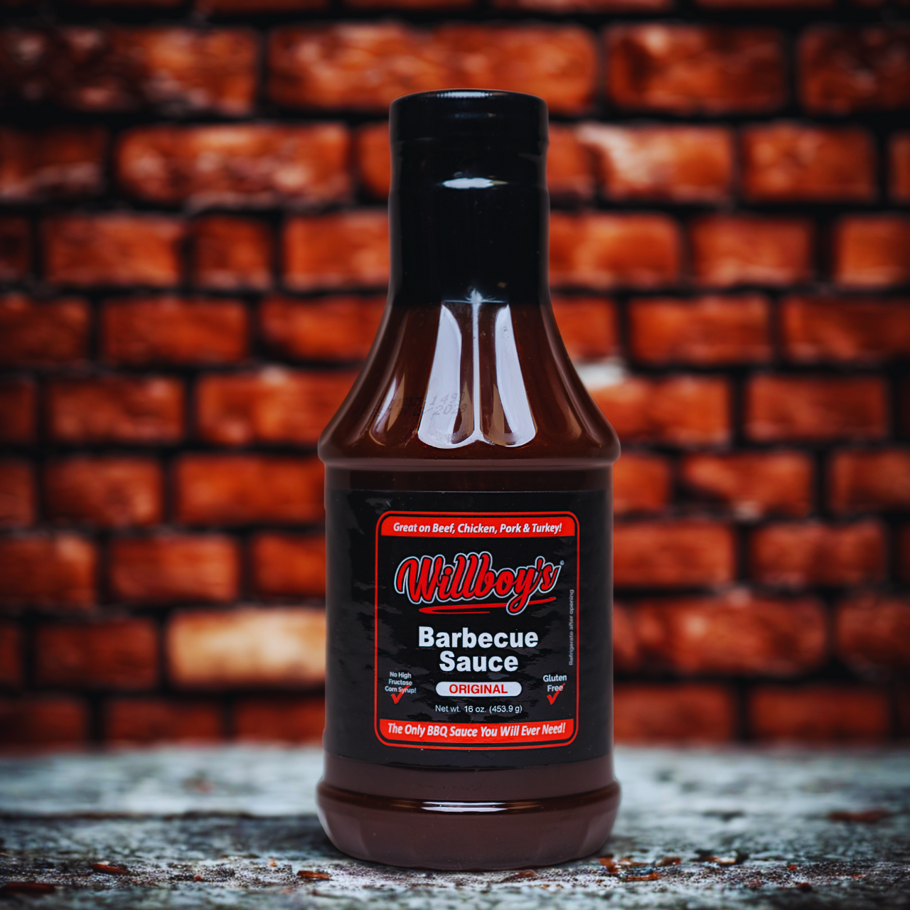 1. A front view of Willboy's Original Barbecue Sauce bottle on a white background, showcasing its label and design. BBQ sauce
