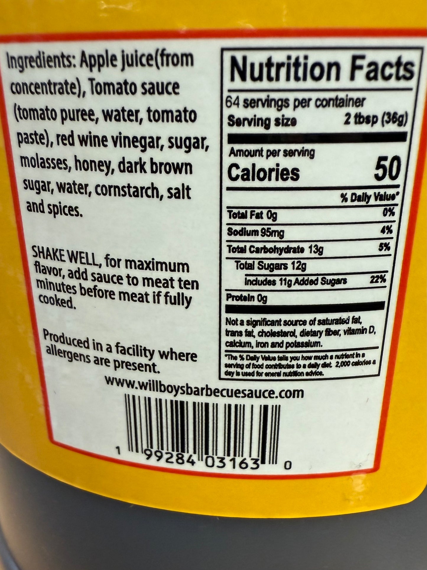 Willboy's Sweet Honey Barbecue Sauce - Half Gallon